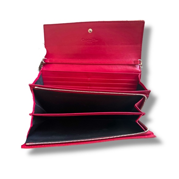 Lady Dior Cannage Quilted Cherry Red Patent Leather Calfskin Wallet Bag & Chain - Picture 14 of 17